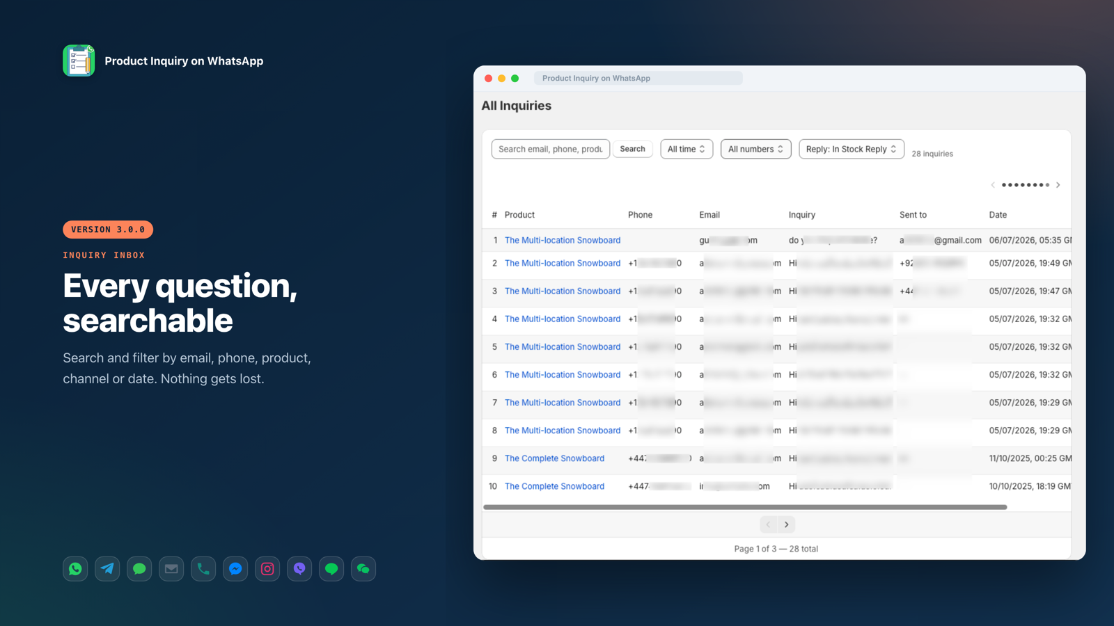 Searchable inbox of every product inquiry with details